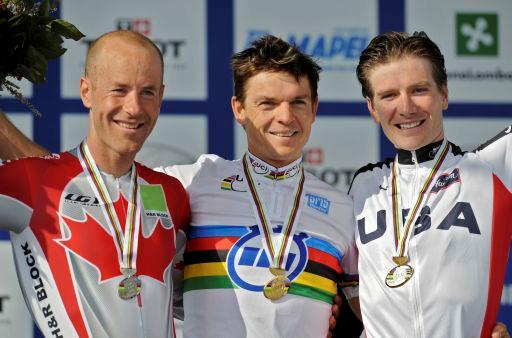 2008年のロード世界選手権タイムトライアルで銀メダルを獲得したスヴェイン・タフト(左 カナダ)