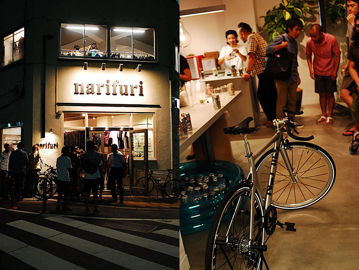 ショップ プレオープンの模様(右)と、narifuriが手がけた自転車、HELMZ(左)