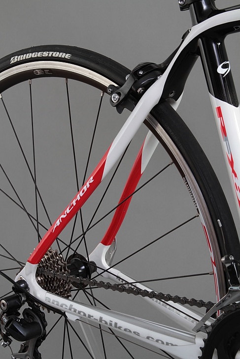 モノステータイプのシートステーは、路面からの高い振動吸収性を確保するためにレーシングモデルと比べると細身に設計されている。フレーム構造は3ピースモノコックを採用している