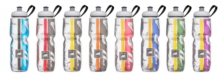ポラー 保温ボトル24oz(左からライトブルー/ブラック、レッド/ブラック、ブラック/イエロー、オレンジ/ブラック、ゴールド/レッド、イエロー/ブルー、グリーン/イエロー、パープル/イエロー)