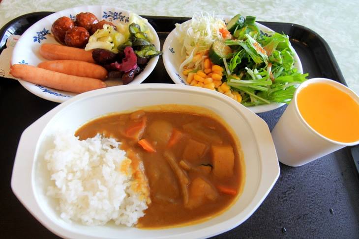 エイドで振る舞われたゴロゴロ野菜のカレーライスや新鮮な野菜を使ったサラダ
