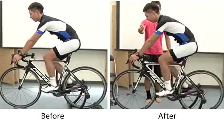 股関節の可動域が制限されたポジション(左)と、十分な可動域を確保したポジション(右)