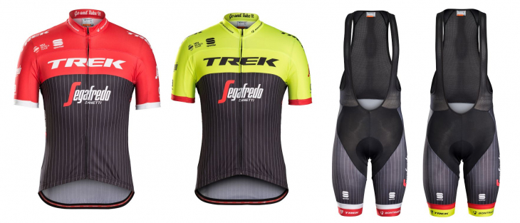 Trek/Segafredo Replica ジャージとビブショーツともにブラック/レッドと蛍光イエローの2種類が用意される