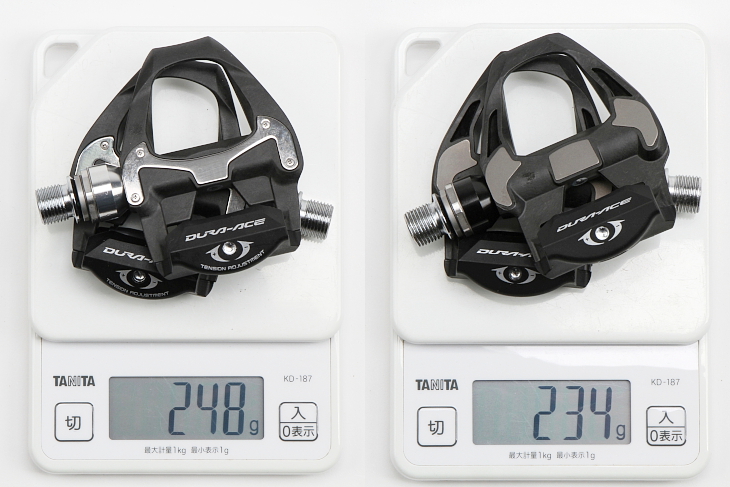 【DURA-ACEペダル重量比較】PD-9000(左)248g、PD-R9100(右)234g(全て実測)