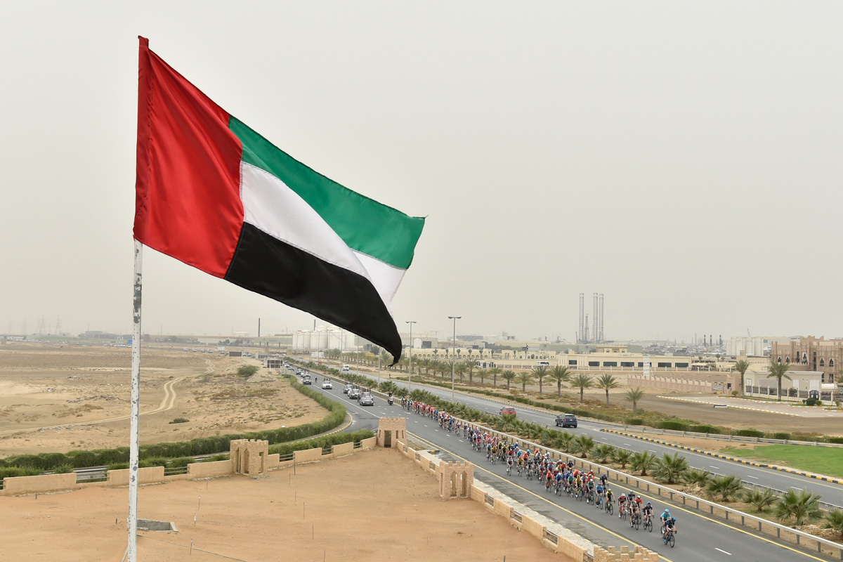 UAE(アラブ首長国連邦)の国旗が風になびく