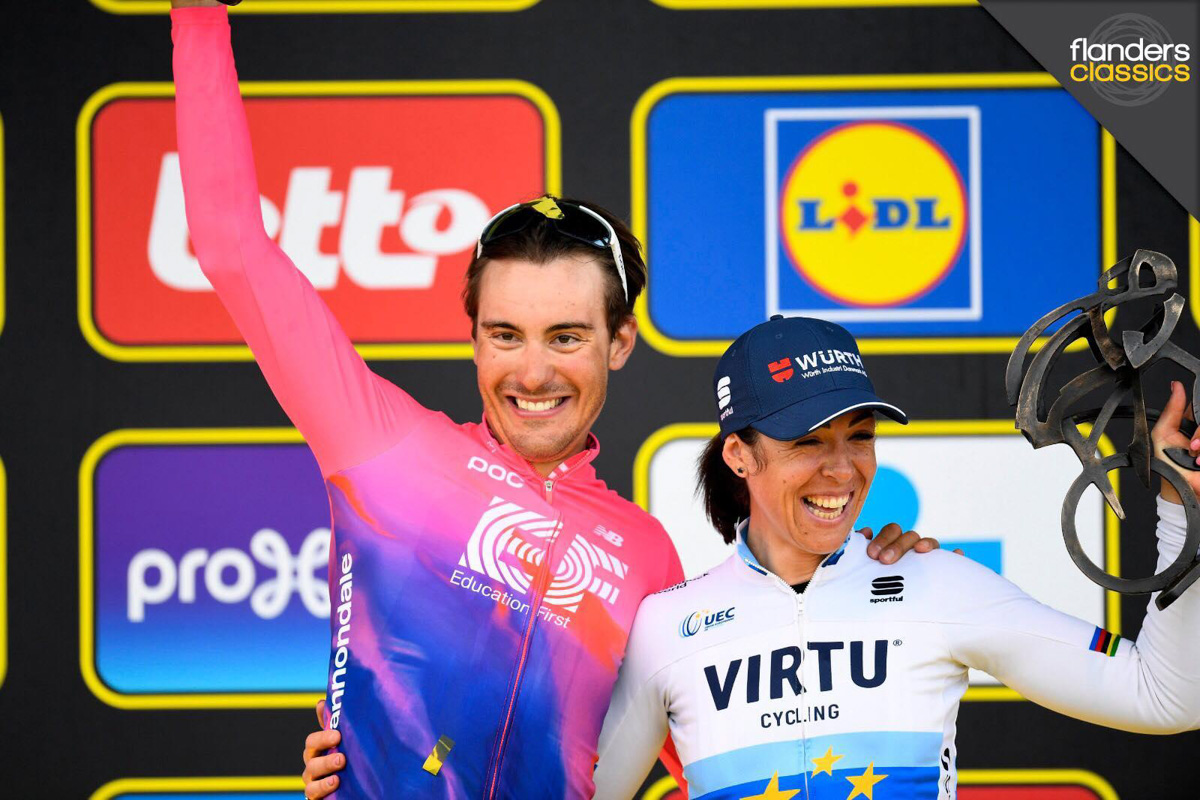 男子レースを制したアルベルト・ベッティオル(イタリア、EFエデュケーションファースト)と、女子レース優勝のマルタ・バスティアネッリ(イタリア、ヴィルトゥサイクリング)