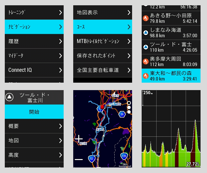 トップページ>メニュー>ナビゲーション>コース>任意のコース>開始 / 地図や高度でルートの情報を確認することができる