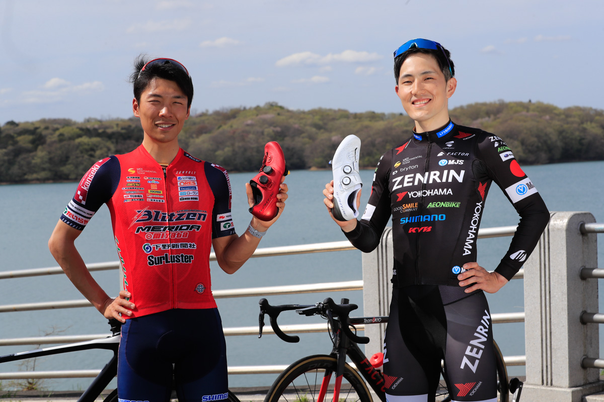 今回、インプレッションを聞かせてくれた小野寺玲(宇都宮ブリッツェン)と横塚浩平(チーム右京 相模原)。二人ともシマノシューズ歴は長い