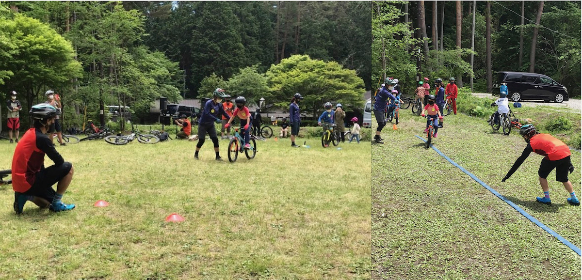 小学生のクラスで行われたスクーリング。立ち漕ぎを学び(写真左)、一本橋でバランスの練習(写真右)。