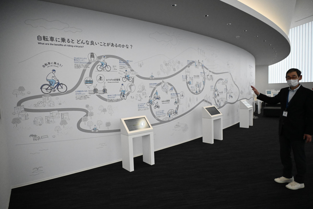 Cゾーンの展示を象徴する大きな壁画「自転車とつくる好循環」。「自転車に乗るとどんないいことがあるのか?」を親しみやすいタッチの絵で紹介している